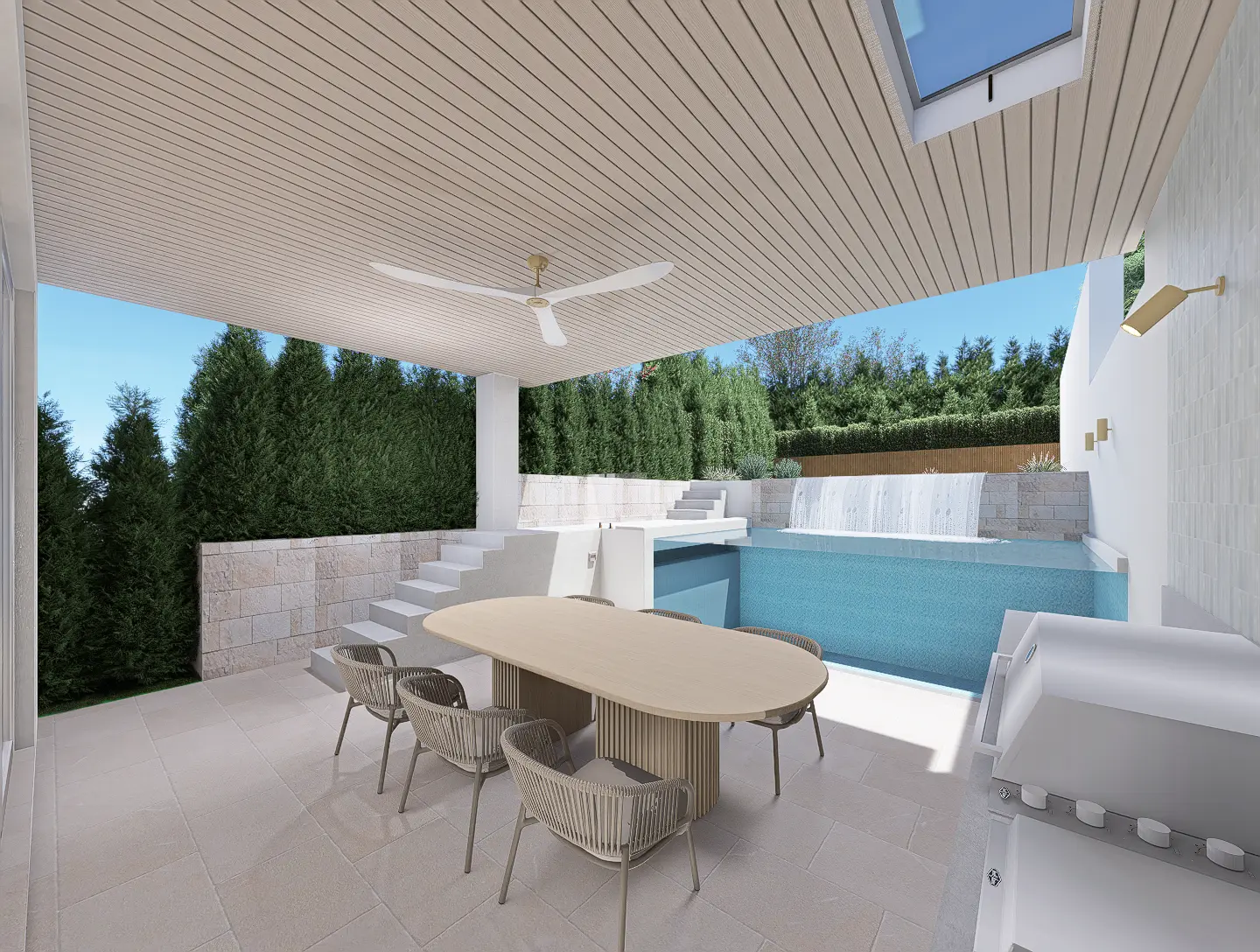 Covered alfresco dining terrace beside a private pool