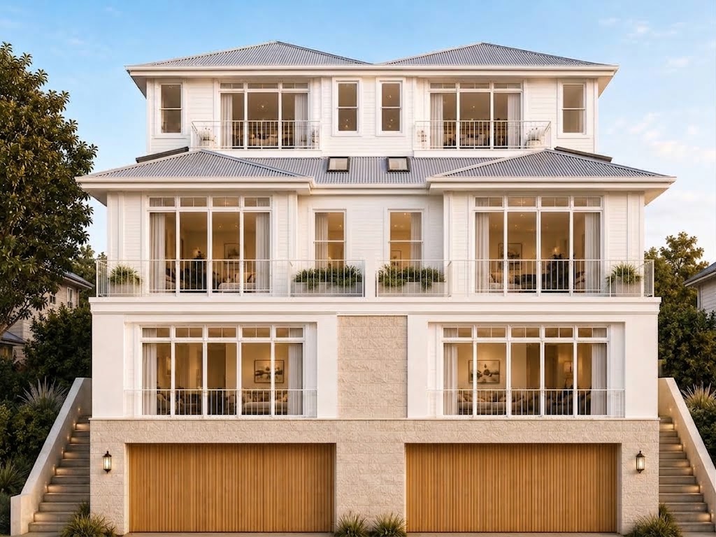 Grand symmetrical Coastal Hamptons duplex exterior
