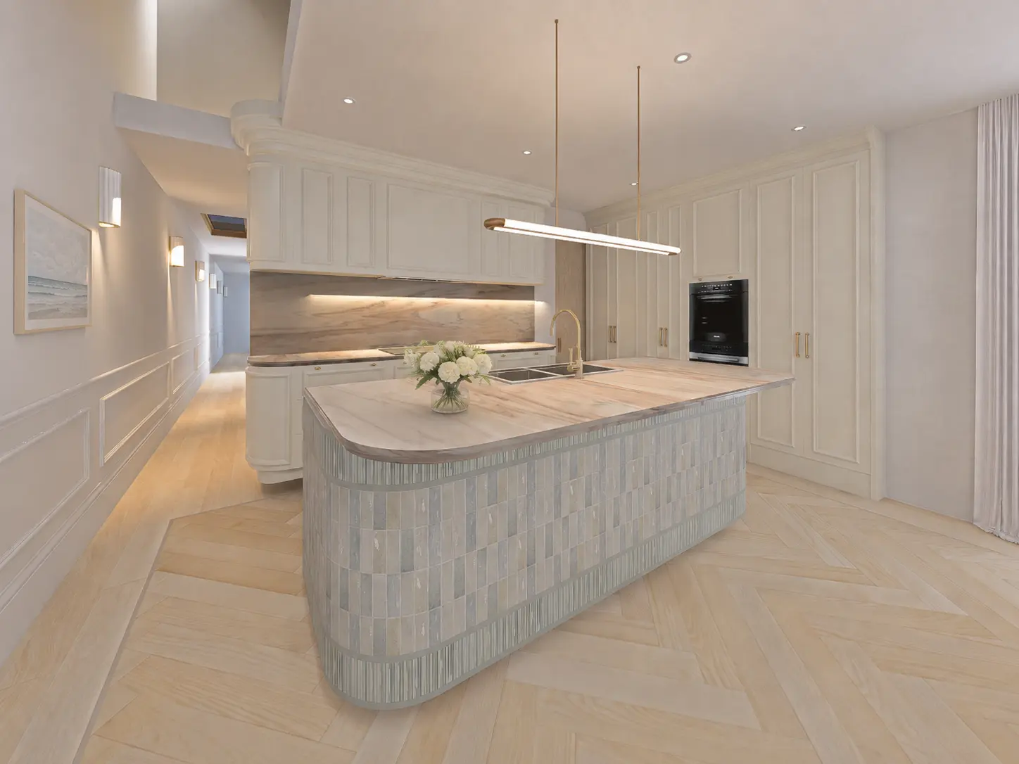 Bespoke kitchen with curved tiled island and natural stone surfaces