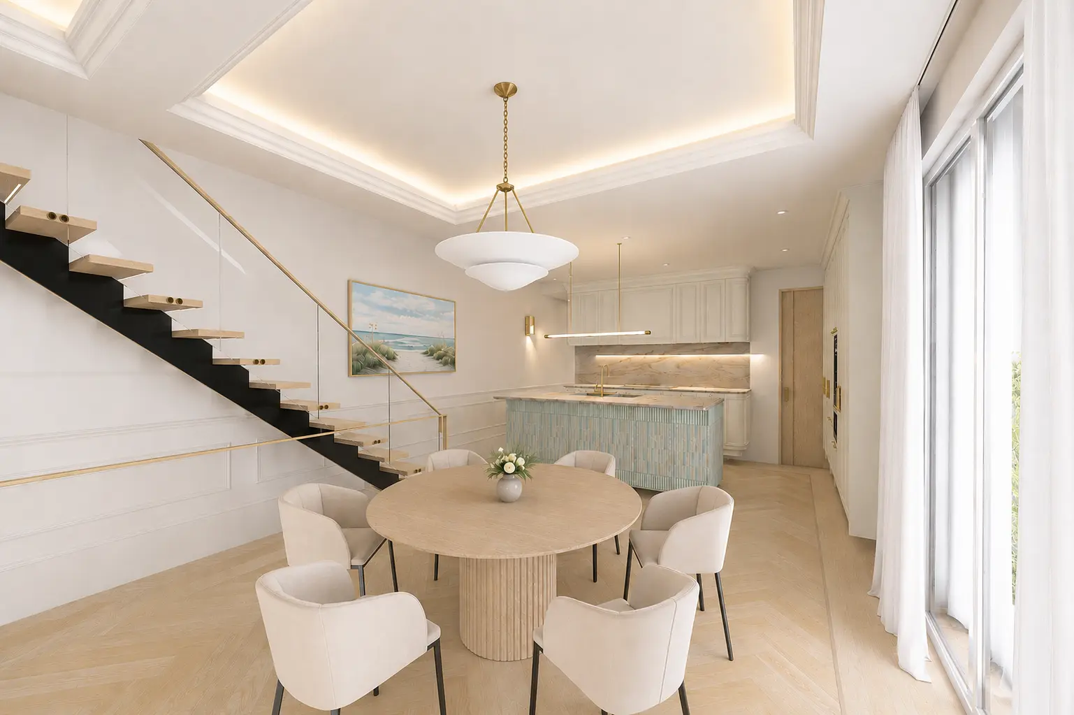 Kitchen and dining space with feature staircase and soft coastal palette