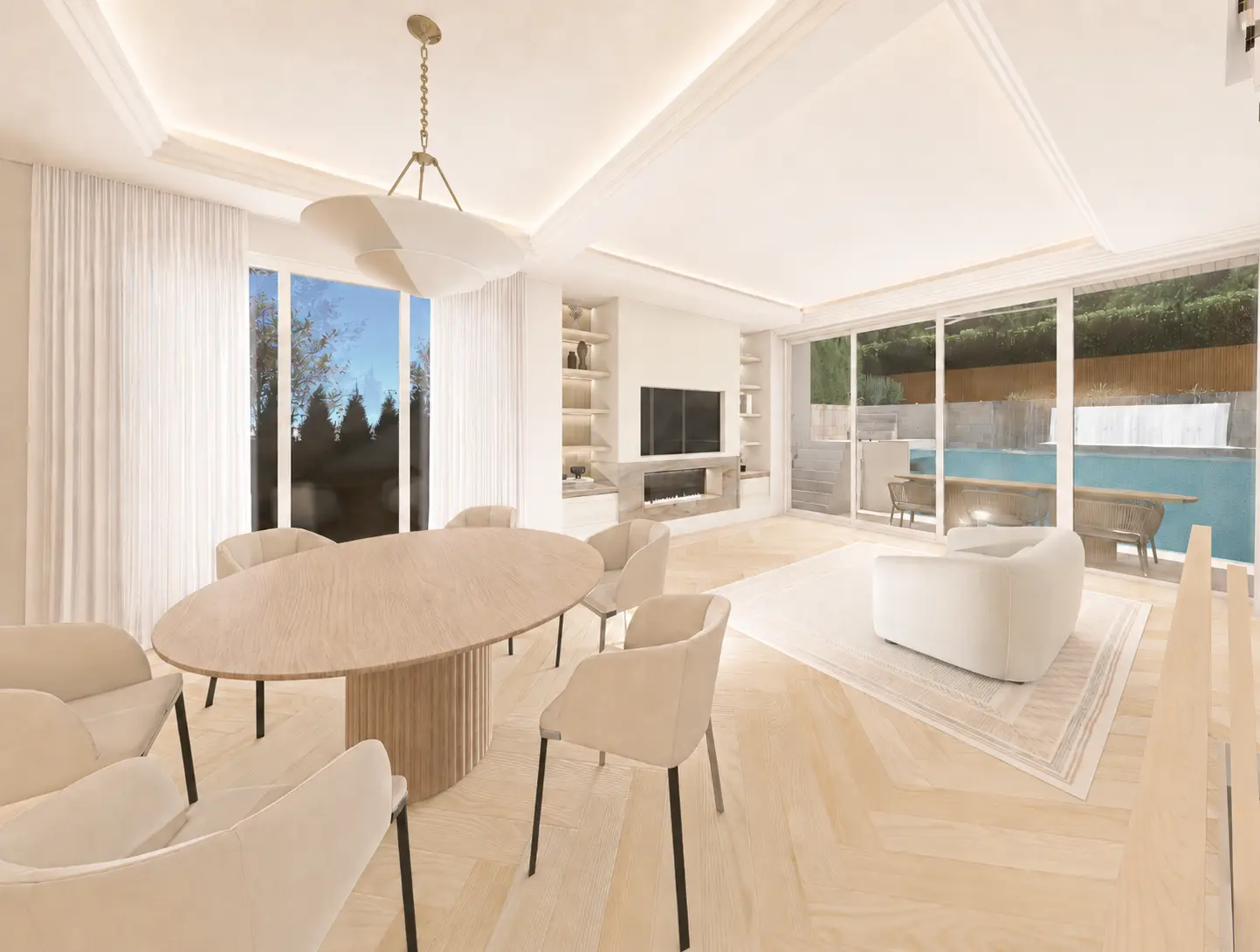 Light-filled open-plan living and dining space overlooking the pool